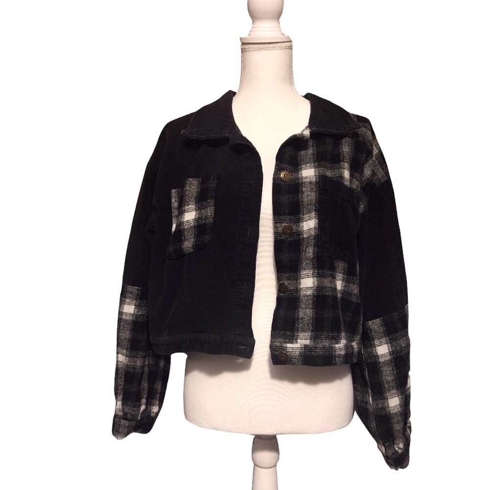 Entro Black Plaid Patchwork Cropped Jacket | Butt… - image 2